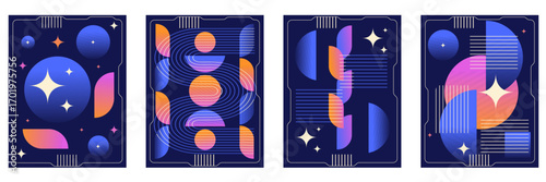 Modern Futuristic Abstract poster cover set. Vector illustration of trendy Geometric shapes gradient background collection. Cosmic interior placard design. EPS 10