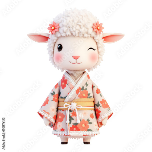 Cute Lamb in Kimono Winking.