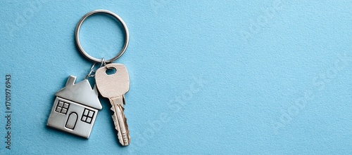 Real Estate Key in Shape of House on Blue Backdrop Representing Property Investment, Mortgage, and Home Buying with Space for Text