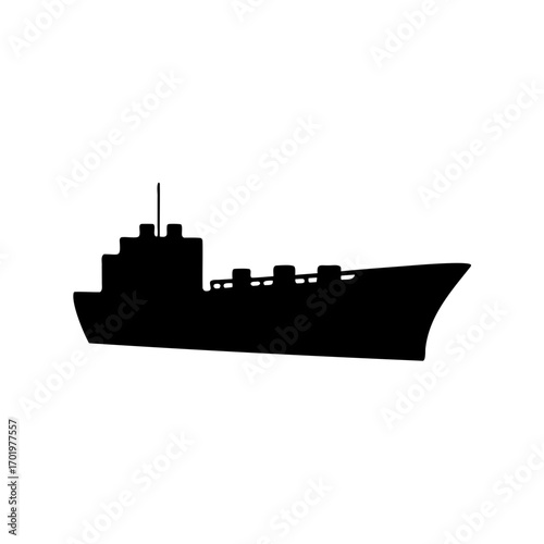 A silhouette of a large cargo ship or tanker against a white background