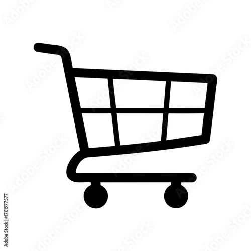 A stark black shopping cart icon against a clean white background illustration