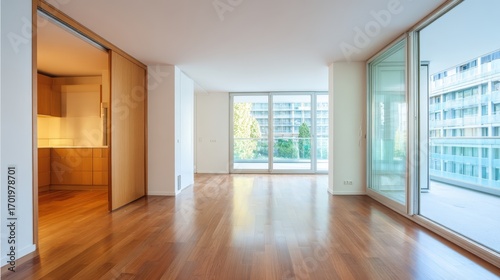 Wallpaper Mural Bright Modern Apartment Interior with Hardwood Floors, Large Windows, and Open Layout for Real Estate Torontodigital.ca