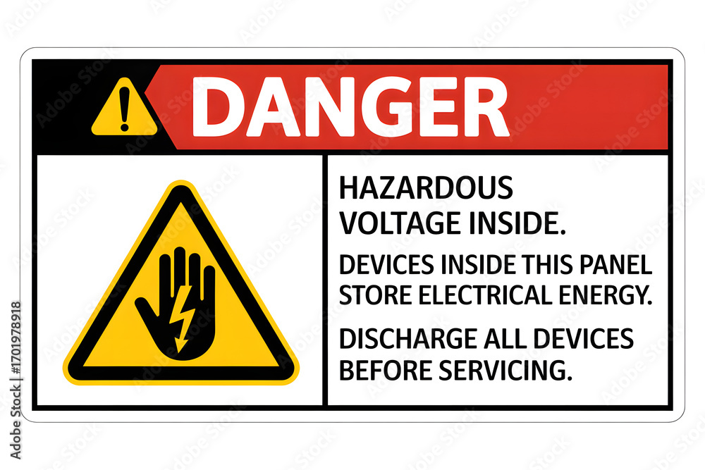 Naklejka premium Danger hazardous voltage inside devices before servicing electrical panel warning sign
