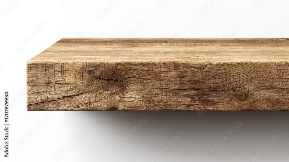 Obraz premium Isolated Wooden Shelf Against a White Wall: A Minimalist Interior Design Element for Mockups