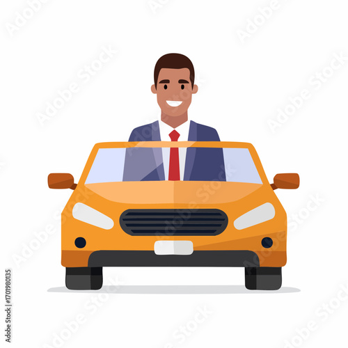 Man in Suit Driving Orange Car Ready for Travel and Business