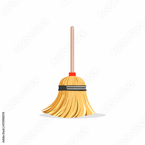Cartoon floor broom with wooden handle and yellow bristle for cleaning vector illustration