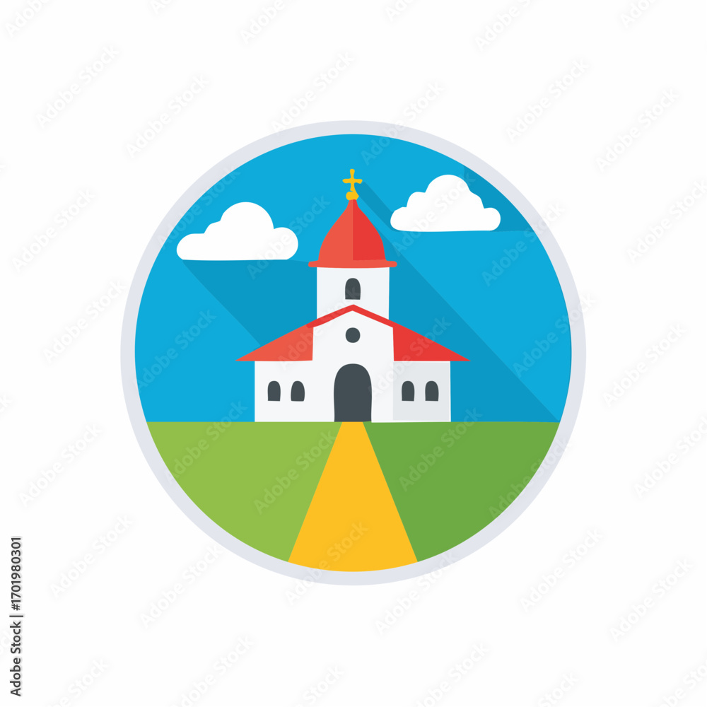 Naklejka premium Charming flat design illustration of a church building with a cross, path, green grass, clouds, and blue sky in a round frame.