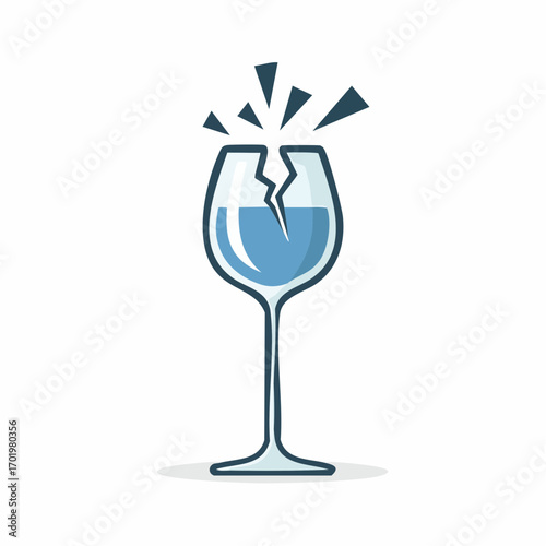 Cartoon broken wine glass filled with blue liquid showing damage and fragility