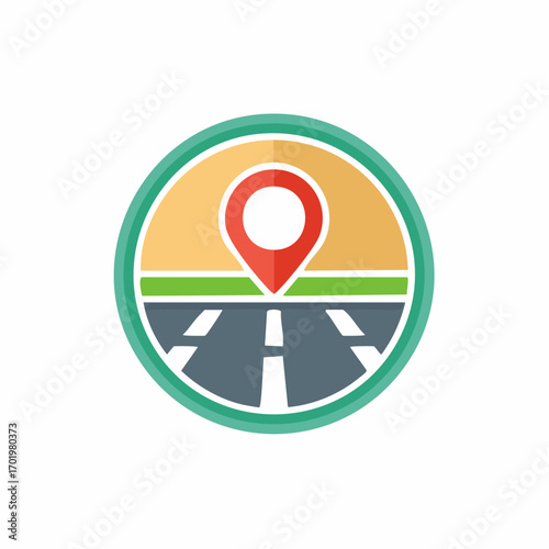Location Pin on Road with Landscape Inside Circle for Navigation Destination Sign