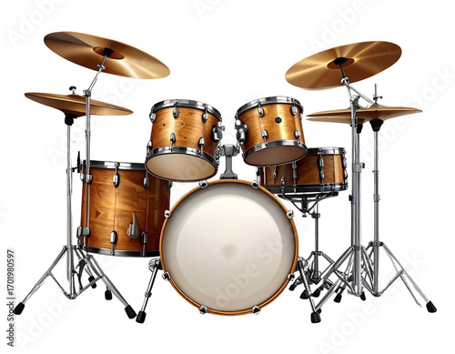 Wooden Acoustic Drum Kit with Cymbals and Chrome Hardware Isolated on Transparent Background PNG