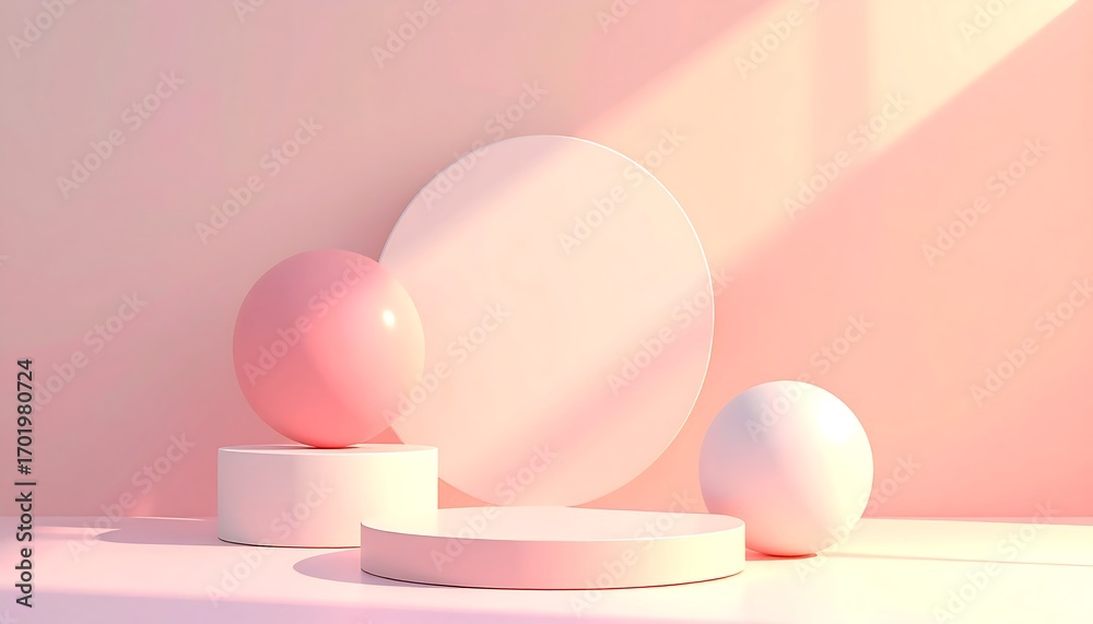 Fototapeta premium A softly lit, minimalist scene featuring three geometric forms in light pink and white, creating a gentle and inviting aesthetic.