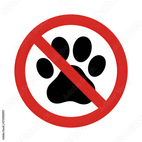 No pets allowed sign with a red circle and line over a black paw print on a white background