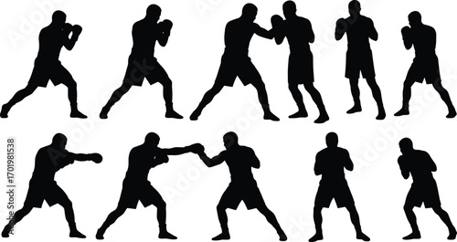 Boxing silhouette illustration, fighter training poses, combat sports artwork, martial arts stance, gym athlete workout, punching action vector, fitness design collection
