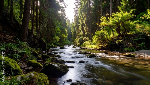 A flowing river carves a path through a lush forest, with sunlit trees. Motion blur enhances the water's smoothness