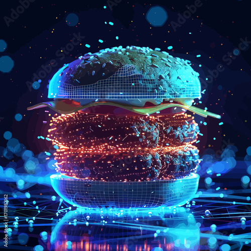 Blue wireframe digital lines forming hamburger