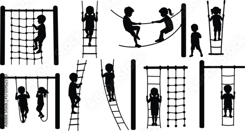 Children playground climbing silhouette, kids playing on ladder and rope, outdoor activity fun, exercise fitness, childhood sport, teamwork vector illustration