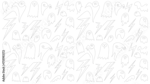 A white background filled with cartoon ghosts and lightning bolts in a repeating pattern design style