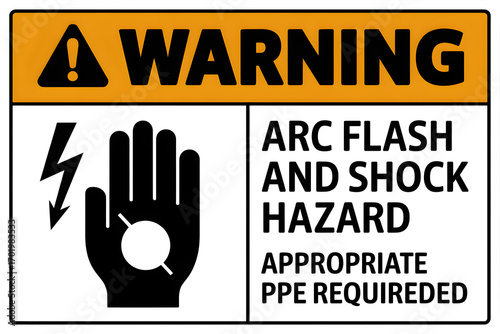 Warning sign indicating arc flash and shock hazard with ppe requirement for safety measures