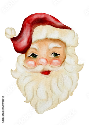 Colorful watercolor Santa Claus face design for festive textile and wrapping paper