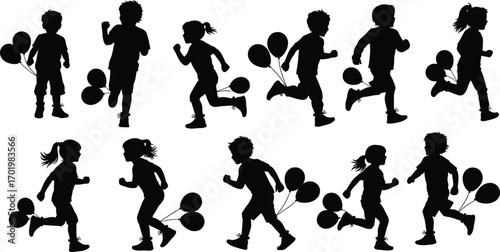 Children running with balloons silhouette, playful kids vector, childhood fun illustration, happy outdoor activity, party celebration design, motion concept drawing