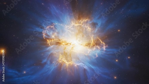 A vibrant nebula, bursting with colors of violet, blue, and gold, fills the vast expanse of space.