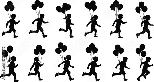 Children running with balloons, kids silhouette vector, happy childhood playtime, outdoor fun activity, celebration party balloons, playful motion design illustration