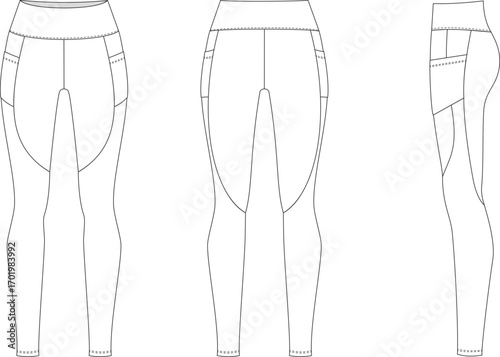 Editable technical flat of activewear leggings with curved panel seams, side pockets, and a wide waistband. Includes front, back, and side views. For sportswear design and tech packs.