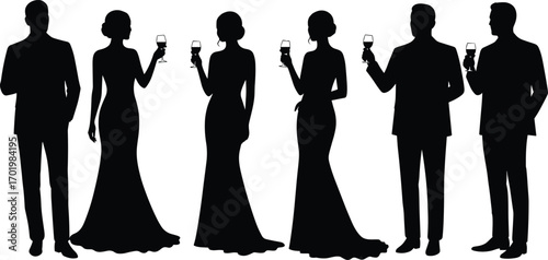 Elegant men and women silhouettes holding wine glasses, formal party fashion, evening gown style, luxury celebration, classy cocktail event illustration