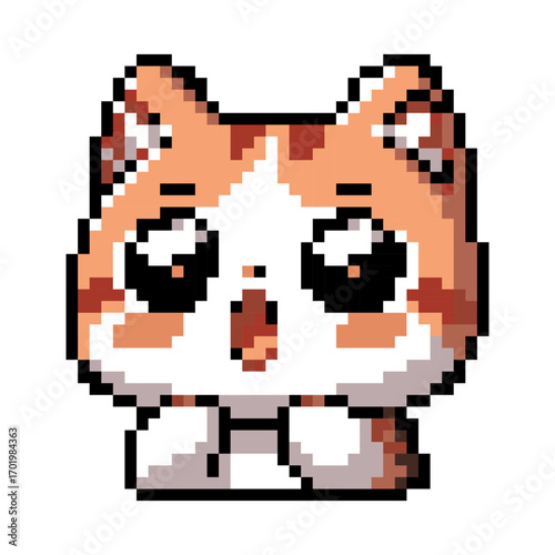 Adorable pixel art illustration of a kawaii cat character with big expressive eyes. This cute cartoon kitten design is perfect for use as a game asset, digital sticker, icon. design for all business