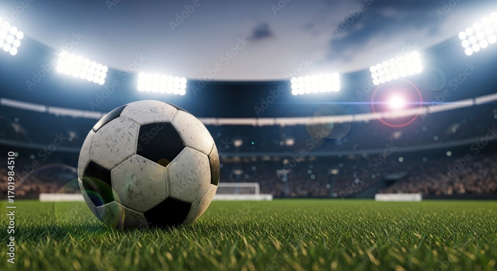 Fototapeta premium Soccer ball on a stadium grass field with bright floodlights, ready for a night game.