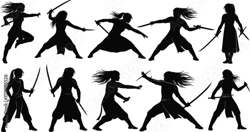 Female warrior samurai silhouette, ninja sword fighter poses, martial arts combat women illustration, katana sword battle stance, silhouette vector design