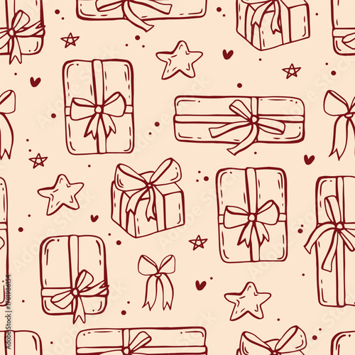 Vintage Christmas line art whimsical seamless pattern. Coquette wrapping paper design