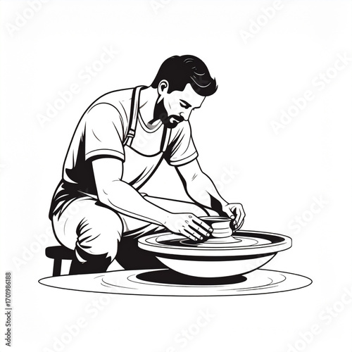 Minimalist Vector Illustration of Potter Shaping Clay on Pottery Wheel