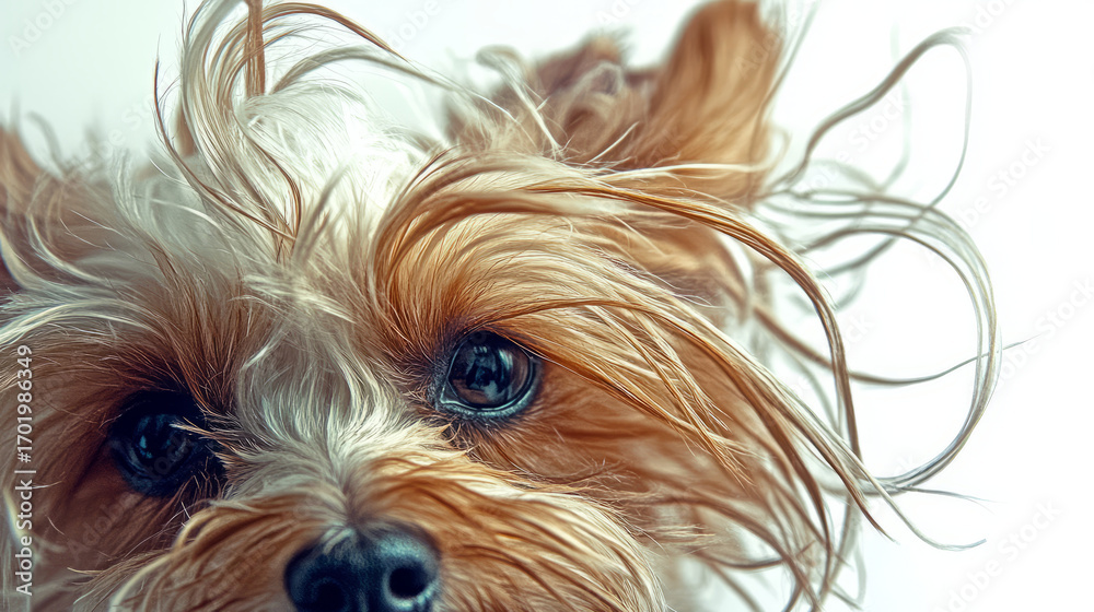 Naklejka premium Close up portrait of a wet yorkshire terrier with messy fur against a white background looking at the camera