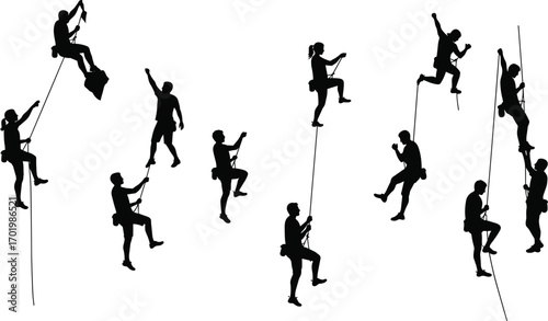 Group of people climbing rope silhouette, adventure sport activity, mountaineering training, extreme outdoor challenge, fitness exercise, teamwork, vector illustration design