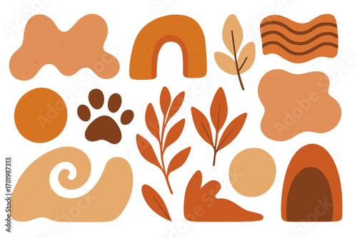 Set of abstract organic shapes, autumn leaves, and a paw print. Boho design elements in earthy tones. Modern terracotta vector collection for fall season and pet themes.