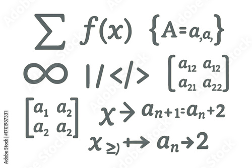 Vector illustration set of mathematics and programming notations. Math formula, function, matrix. Algebra and calculus symbols. Code, algorithm, data science concept. Infinity.