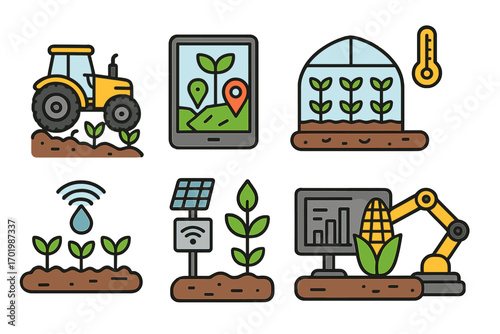 Agricultural technology vector icons. Smart farming, precision agriculture concepts. Tractor, robotic arm, automation, smart irrigation, greenhouse, data analysis innovation.