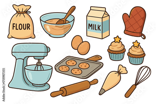 Baking ingredients and kitchen tools icon set. Vector cartoon illustration collection for cooking pastry, desserts, cookies and cupcakes. Flour, milk, eggs, mixer and whisk.