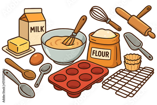 Baking ingredients and kitchen tools set. Vector cartoon illustration for cooking homemade pastry. Flour, milk, egg, butter, whisk, rolling pin, muffin tin collection.