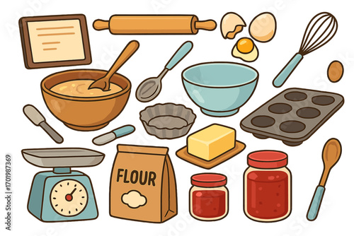 Baking essentials and tools for homemade treats. Vector set for cooking pastry and dessert. Kitchen preparation with ingredients like flour, egg, and butter. Recipe concept art.