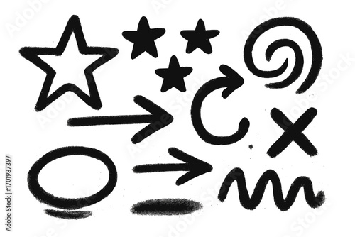 Set of graffiti spray paint elements. Black grunge street art symbols. Stencil aerosol texture collection with stars, arrows, circles, swirls. Urban abstract vector shapes.