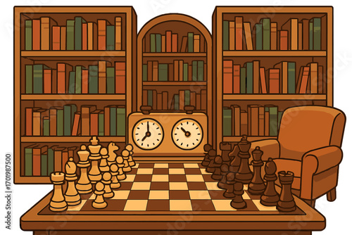Chess game setup in a cozy library. Vector cartoon with chessboard, pieces, and timer. Concept for strategy, intelligence, competition, brain game, and intellectual hobby.