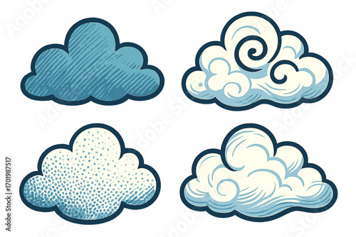 Set of four cartoon clouds with retro textures. Vector illustration of weather symbols. Hand-drawn comic style sky elements with halftone and line art for design isolated.