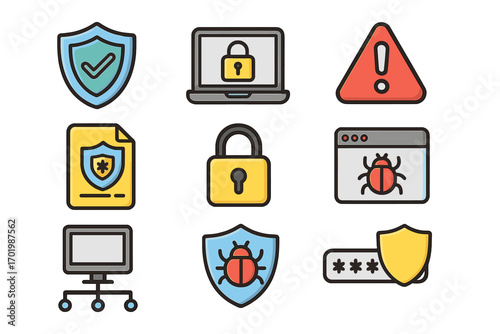 Cybersecurity icon set for data protection and internet safety. Vector collection of security symbols like shield, lock, password, and virus for web and mobile design concepts.