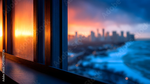 Wallpaper Mural A stunning sunset reflects through a window, illuminating a vibrant cityscape. Torontodigital.ca