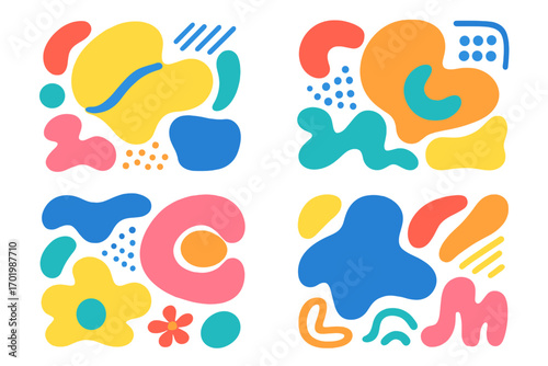 Set of colorful abstract shapes and modern creative design elements. Collection of hand drawn organic forms, doodle spots and geometric patterns for contemporary graphic design.