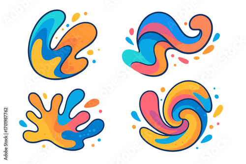 Colorful abstract liquid shapes set. Fluid dynamic splash, creative paint flow. Modern vector graphic elements for logo, icon. Cartoon illustration creativity concept. Swirl.