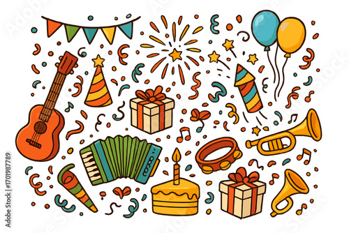 Festive party doodle set. Cartoon celebration elements with music instruments, birthday cake, gift, and confetti. Vector illustration collection for holiday carnival event.