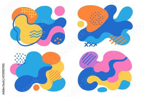 Set of colorful abstract liquid shapes. Dynamic fluid amoeba blobs with patterns. Modern minimal vector design elements for banners, posters, and stickers. Funky graphic spots.